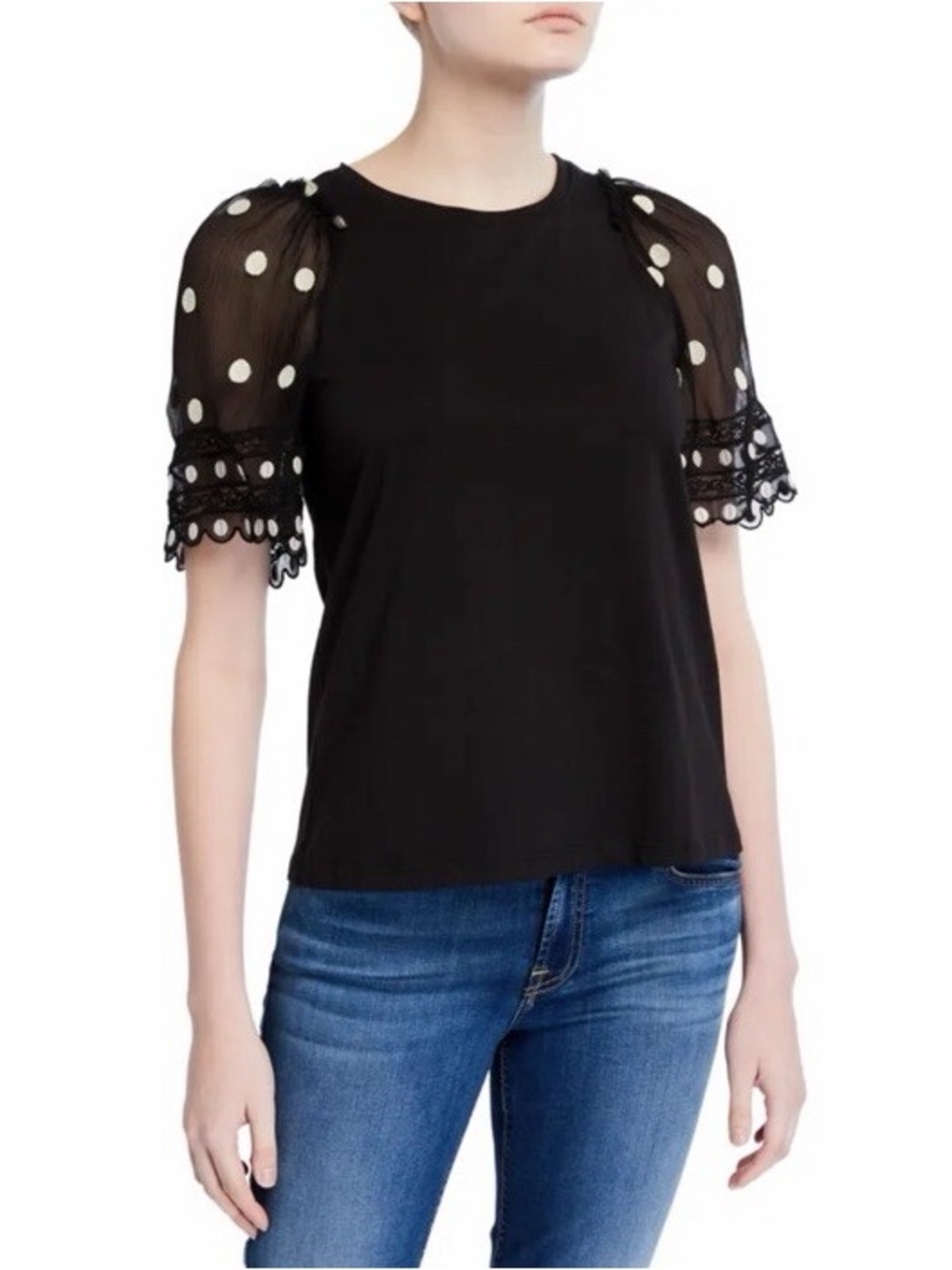 Rebecca Taylor Black & White Dot-Embroidered Jersey Short-Sleeve Top Small